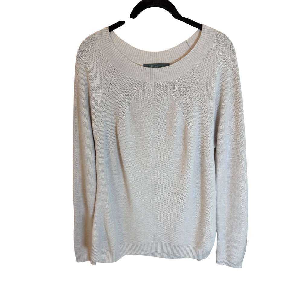 Title Nine Womens Merino Wool Blend Scoop Neck Pointelle Sweater Greige Medium